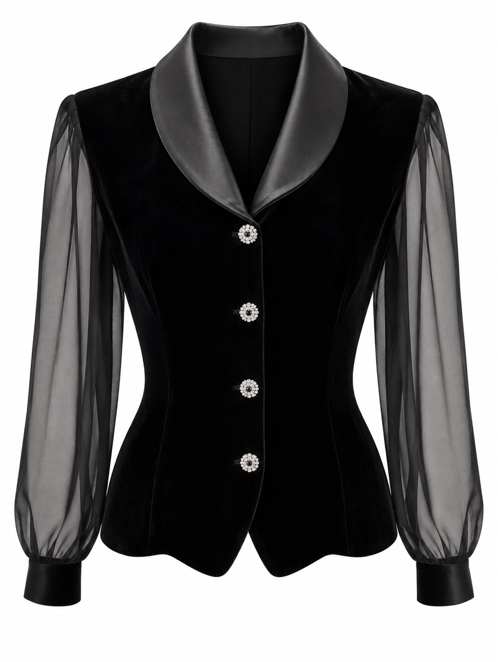 Black Velvet & Sheer Sleeve Rhinestone Button Jacket
